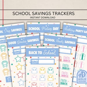 Könnte beinhalten: Schulspar-Tracker mit verschiedenen Themen, darunter Schulausflüge, Fototag und Geburtstagsfeiern. Jeder Tracker hat eine hellblaue Kopfzeile mit dem Thema und einen Bereich zur Verfolgung der Sparziele. Das Design umfasst bunte Sterne und Illustrationen.