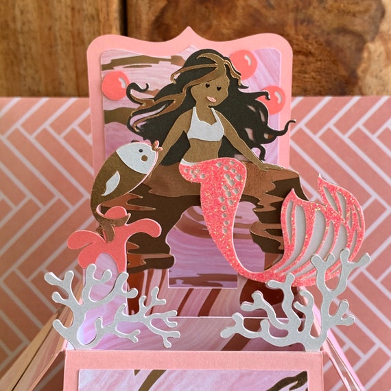 Handmade Brunette Mermaid pop up 3D box card One of a kind mermaid birthday gift.