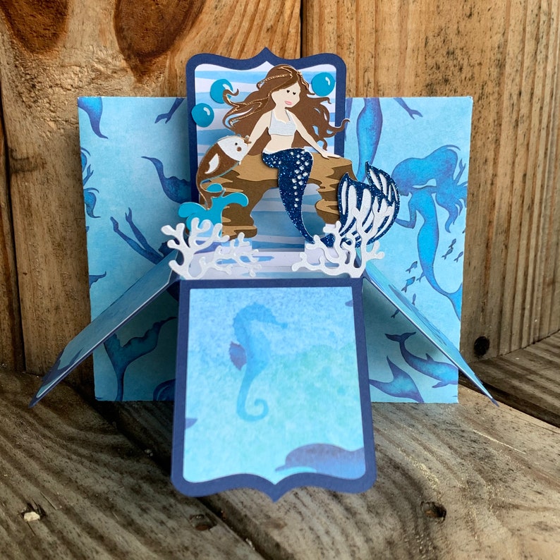 Handmade Brunette Mermaid pop up 3D box card One of a kind mermaid birthday gift.