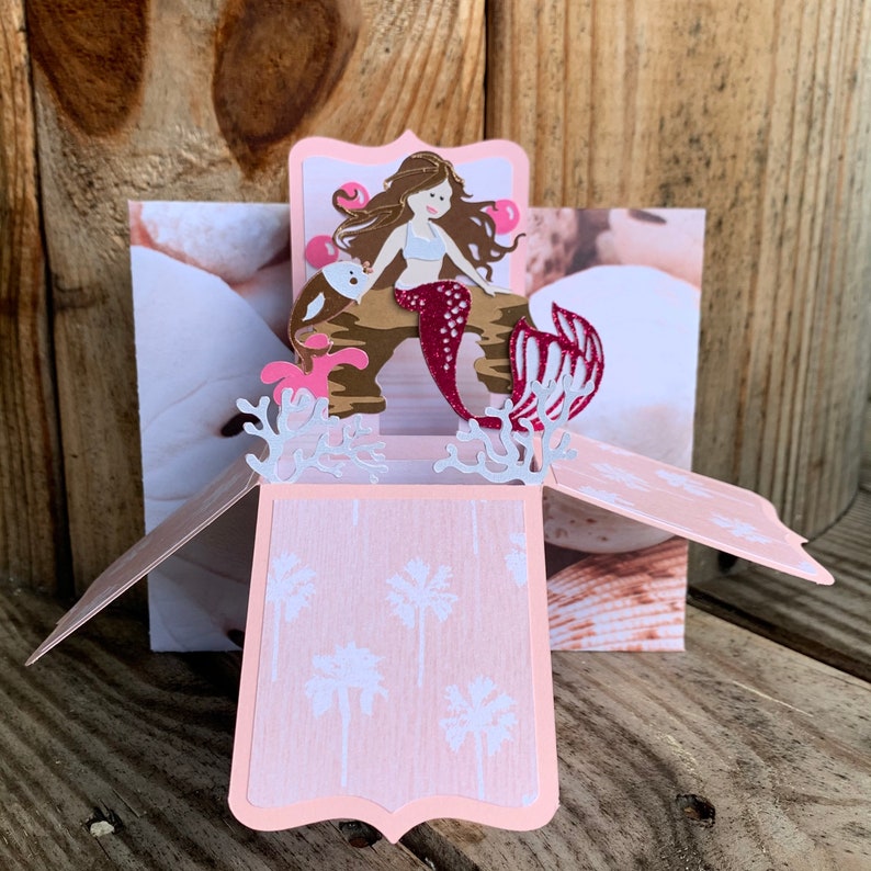 Handmade Brunette Mermaid pop up 3D box card One of a kind mermaid birthday gift.