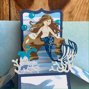 Handmade Brunette Mermaid pop up 3D box card One of a kind mermaid birthday gift.