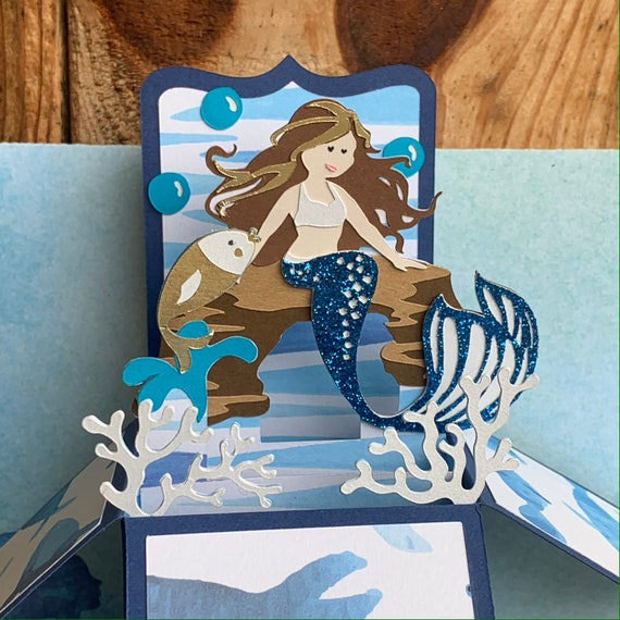 Handmade Brunette Mermaid pop up 3D box card One of a kind mermaid birthday gift.