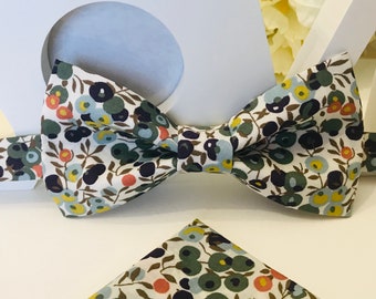 Pajarita verde y naranja Liberty Wiltshire para adulto, niño, bebé, bolsillo, gemelos, ceremonia, boda y bautismo.