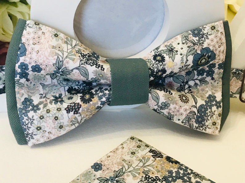 Sage Green & Blue Liberty Style double bow tie and plain Green fabric/Adult/Child/Baby/Costume Pocket/Ceremony/Wedding/Baptism Adulte