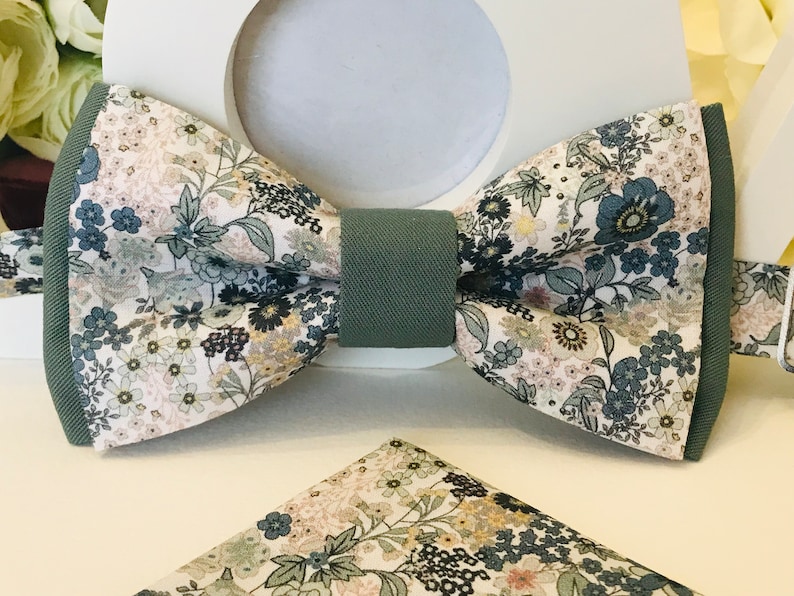 Sage Green & Blue Liberty Style double bow tie and plain Green fabric/Adult/Child/Baby/Costume Pocket/Ceremony/Wedding/Baptism image 5