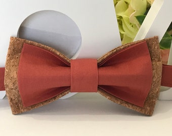Double bow tie Cork and Organic Cotton Fabric Terracotta/Adult/Child/Ceremony/Wedding/Baptism
