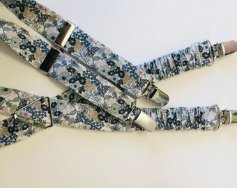 Sage Green and Blue Liberty Style Fabric Suspenders/Children's Suspenders/Adult Suspenders/Bow Tie, Pocket Square, Matching Cufflinks