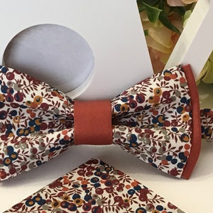 Liberty Wiltshire Bud C double bow tie and plain Terracotta Organic Cotton fabric /Child/Baby/Costume pocket/Ceremony/Wedding/Baptism Adulte