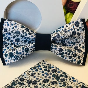 Double bow tie Liberty phoebe Blue and plain navy blue fabric /Adult/Child/Baby/Costume pocket/Wedding/Baptism