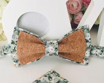 Double bow tie in Cork and English Green Liberty Fabric/Adult/Child/Costume Pocket/Ceremony/Wedding/Baptism