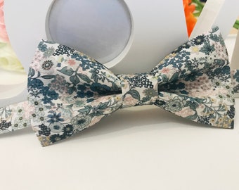 Sage Green and Blue Liberty Style Bow Tie/Adult/Child/Baby/Costume Pocket/Flower Print/Cotton Fabric/Ceremony/Wedding