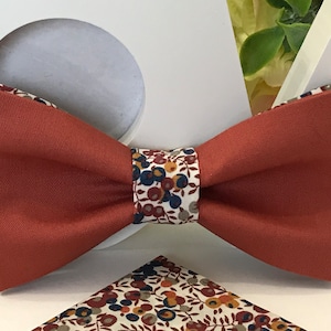 Double bow tie Plain fabric Terracotta Organic Cotton and Liberty Wiltshire Bud C /Adult/Child/Baby/Costume pocket/Wedding/Baptism