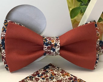 Double bow tie Plain fabric Terracotta Organic Cotton and Liberty Wiltshire Bud C /Adult/Child/Baby/Costume pocket/Wedding/Baptism