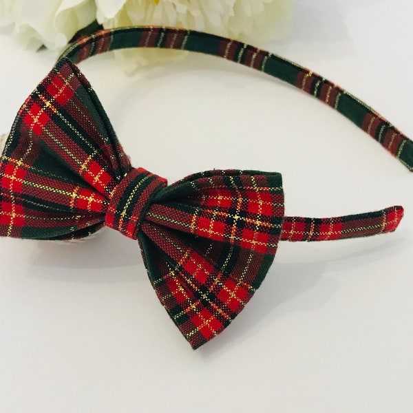 Serre Tête avec ou sans nœud/Tissu Tartan de coton/Rouge Vert Or/Cérémonie/Fête