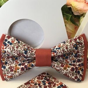 Liberty Wiltshire Bud C double bow tie and plain Terracotta Organic Cotton fabric /Child/Baby/Costume pocket/Ceremony/Wedding/Baptism image 6