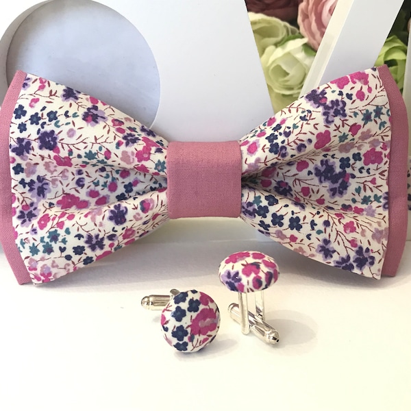 Double bow tie Liberty Phoebe Purple and Pink and Plain Rosewood Fabric /Adult/Child/Baby/Costume Pocket/Wedding/Baptism