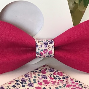Fuchsia linne och lila Liberty Phoebe-mönstrad fluga / Storlekar: Vuxen/Barn/Baby / Liberty-mönstrad näsduk / Festlig / Bröllop