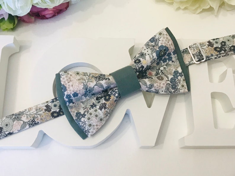 Sage Green & Blue Liberty Style double bow tie and plain Green fabric/Adult/Child/Baby/Costume Pocket/Ceremony/Wedding/Baptism image 3