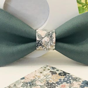 Bow tie Green fabric and Liberty style Sage green and blue/Adult/Child/Baby/Pocket square/Flower print/Cotton fabric/Ceremony