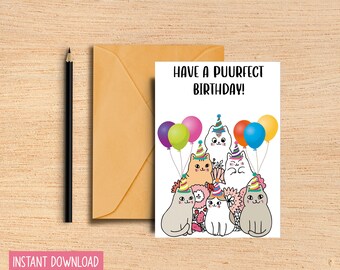 Cat Birthday Card - Kitten Card - Cute Cat Birthday Card - Pet Birthday Card - - Printable Birthday Card