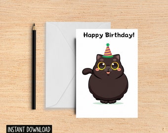 Black Cat Happy Birthday - Cute Birthday Card - Printable - Digital - Cat Lovers, Black Cat Birthday, Black Cat, For Cat Lovers