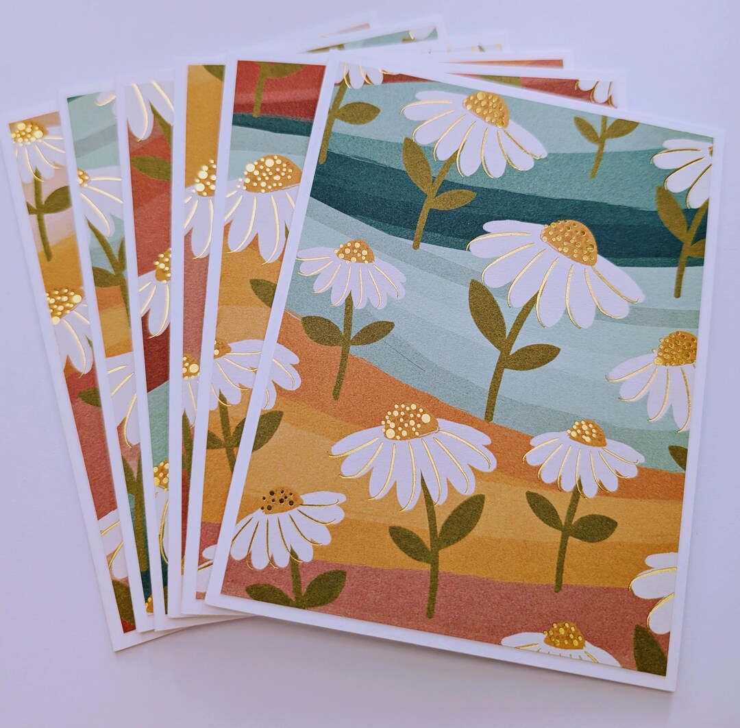Set of 6 Simple Daisy Note Cards With Gold Foil Accents and Envelopes ...