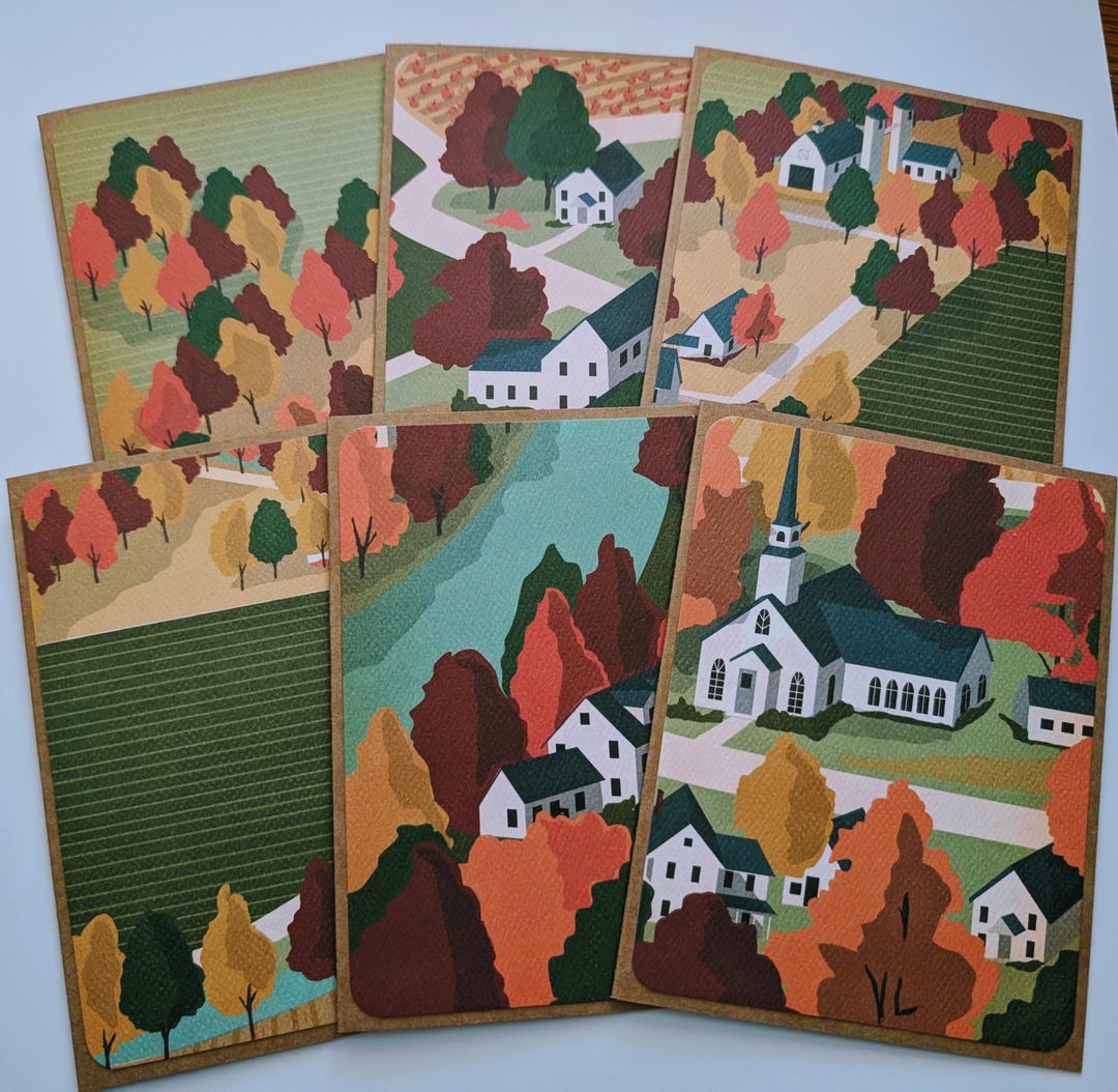 Handmade Set of 6 Autumn Fall Scene on Kraft Cardstock Blank Notecards ...
