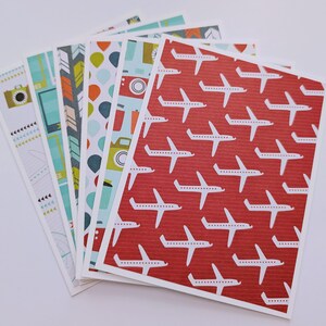 Set of 6 Travel Note Cards with Envelopes, Plane, Camera, Polaroid, Road tripping