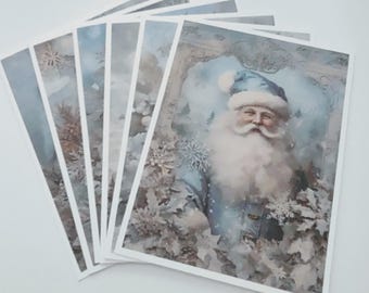 Handmade Set of Rice Paper Vintage Santa Claus  St Nicholas Per Noel Notecards with Envelopes, Antique Christmas Blue