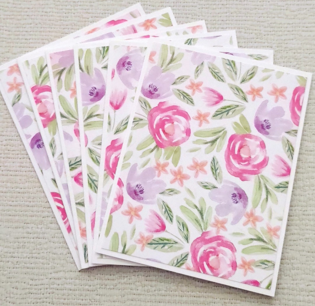Handmade Set of 6 Blank Pink and Purple Floral Notecards With Envelopes ...