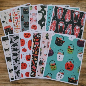 Set of 13 Colorful Fun Halloween Cards with envelopes. Trick or Treat Pumpkins Witch Ghost Dracula Hearse Candy Bucket Masks Costumes