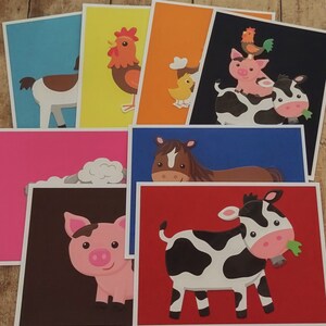 May include: A set of eight colorful cards featuring farm animals. The cards are printed with images of a horse, a pig, a cow, a rooster, a chick, and a sheep. The cards are perfect for teaching children about farm animals.