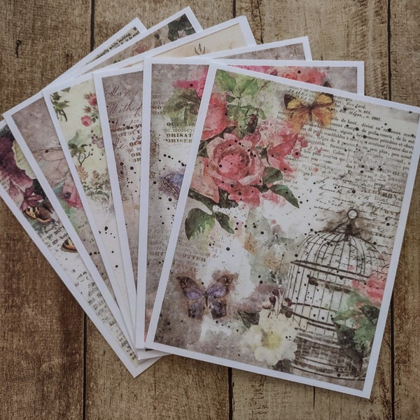 Handmade Set of Rice Paper Vintage Bird Cage, Butterflies and Floral Notecards with Envelopes, Love Notes, Correspondence