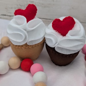 Felt Valentines cupcakes, 1 vanilla & 1 Chocolate cupcake each with fluffy frosting topped with a plush red heart, Eco Friendly
