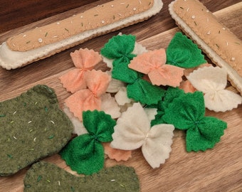 Felt pasta set for two, Felt bow tie pasta, with pesto sauce & bread sticks, Felt dinner pasta with 22 pieces,