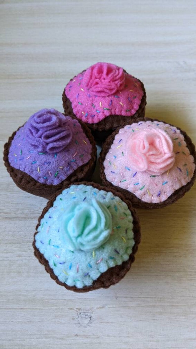 Felt play food, 4 felt chocolate cupcakes with frosting and sprinkles, eco friendly kid's toys, tea party desserts, childrens bake shop food image 5