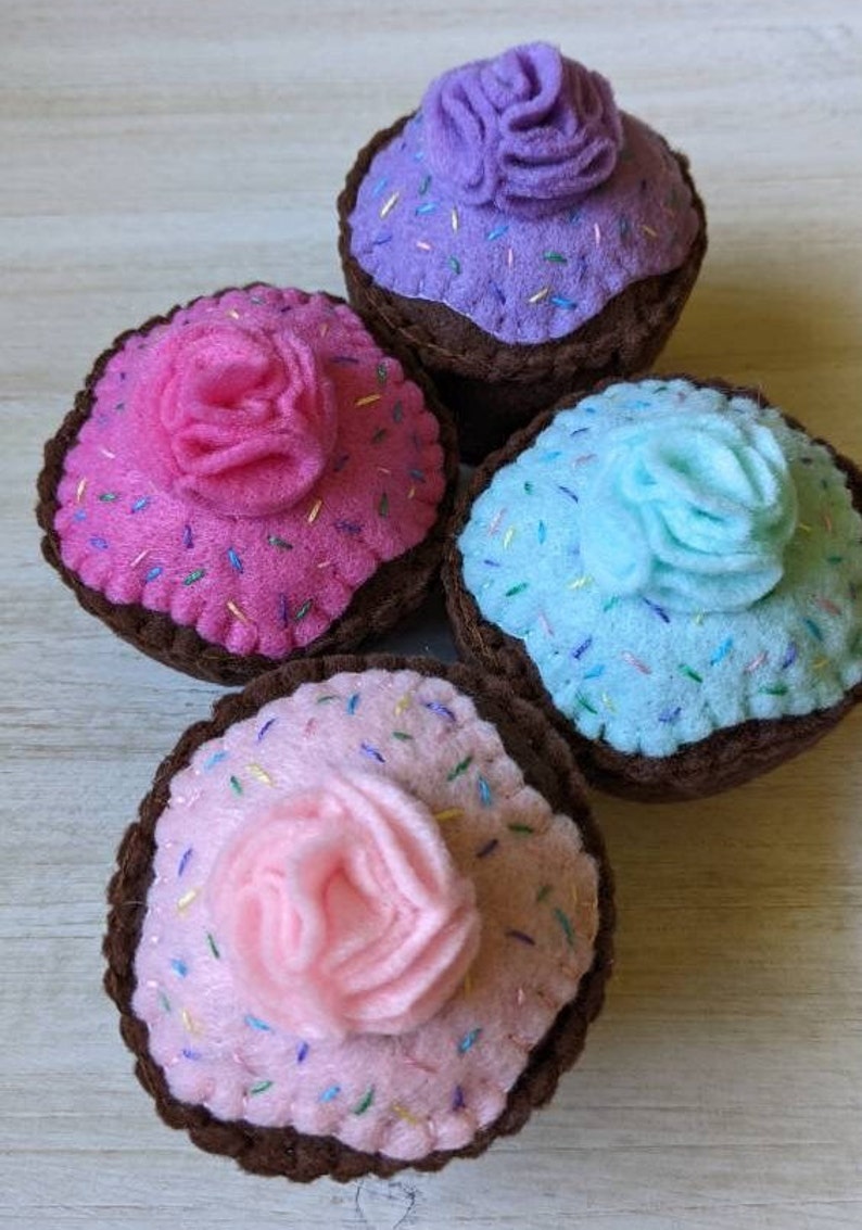 Felt play food, 4 felt chocolate cupcakes with frosting and sprinkles, eco friendly kid's toys, tea party desserts, childrens bake shop food image 3