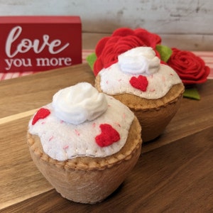 Felt Valentine&#39;s cupcakes, set of two vanilla cupcakes with frosting and tiny red hearts