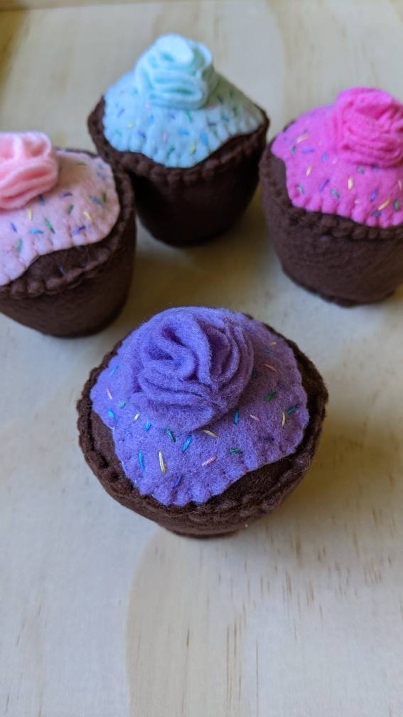 Felt play food, 4 felt chocolate cupcakes with frosting and sprinkles, eco friendly kid's toys, tea party desserts, childrens bake shop food image 9