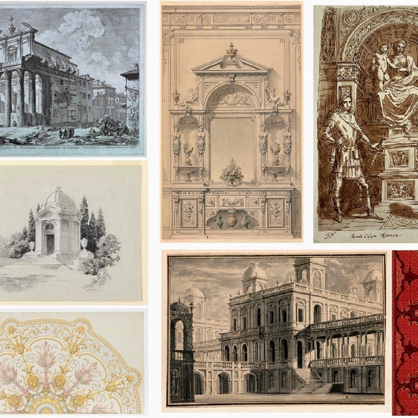 5 RENAISSANCE Ephemera Collage Sheets, Architecture, Architectural, Sketches, Wallpaper, Vintage, Antique, Digital Download