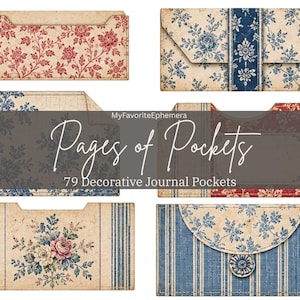 Op de afbeelding: Zes rechthoekige papieren journal-pockets met vintage-stijl bloemen- en strepenpatronen in rood, blauw en crèmetinten. De tekst MyFavoriteEphemera Pages of Pockets 79 Decorative Journal Pockets is over het midden van de afbeelding geplaatst.