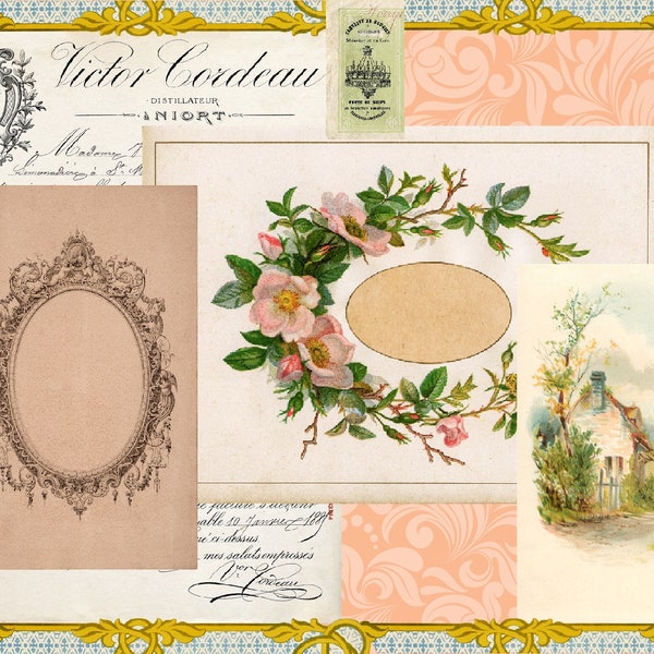 Vintage Collage Sheet, Digital Download, Junk Journal Page, Collage Masterboard, Vintage Ephemera, Antique Lace Trim