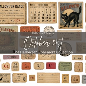May include: A collection of vintage-style paper ephemera featuring Halloween-themed graphics, including an owl, a black cat, a pumpkin, and various tickets, labels, and a 1903 calendar page, all printed in sepia tones with black and red text.