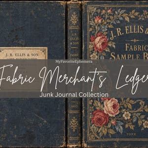 Könnte beinhalten: Ein vintage dunkelblaues Stoffmusterbuch von J.R. Ellis & Son mit einem goldgeprägten Blumenmuster auf dem Einband. Das Buch zeigt den Text J.R. Ellis & Son Fabric Sample Book, York, und das Jahr 1893, mit einer abgenutzten, strukturierten Oberfläche.