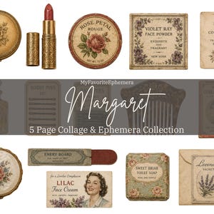 May include: A collection of vintage-style beauty ephemera featuring a gold compact, lipstick, rose petal rouge, violet ray face powder, eau de cologne, bobby pins, curling pins, an emery board, lilac face cream, soap, and a lavender sachet.