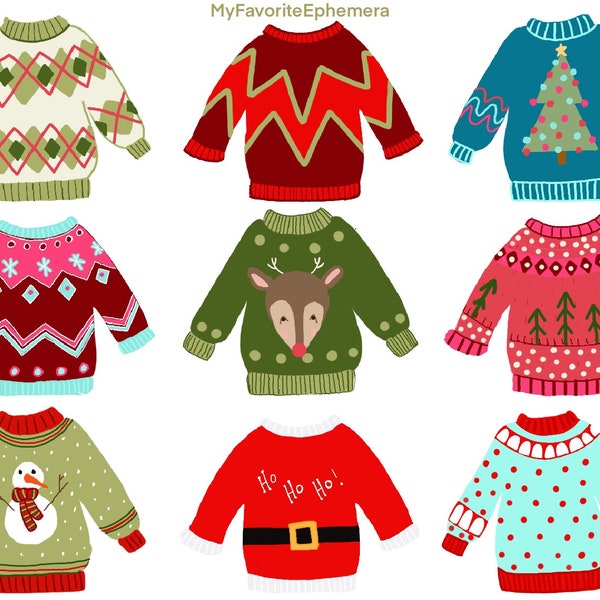 9 UGLY CHRISTMAS SWEATER Tags, Ephemera, Journal Page Decorations, Digital Clip Art