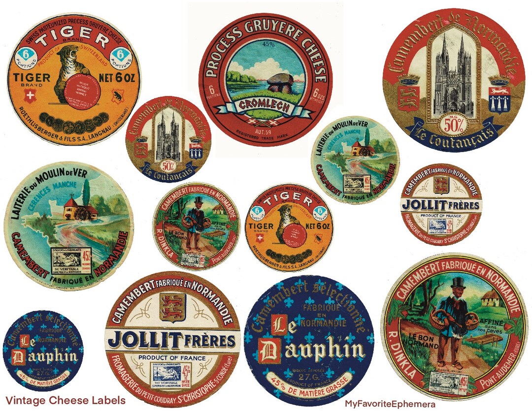 Set of 13 VINTAGE CHEESE LABELS Advertisement for Handmade Junk Journals, Journaling, Collage