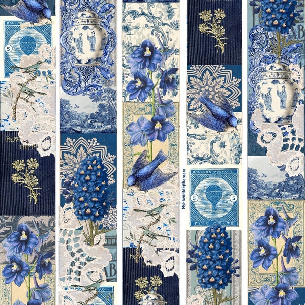 5 Vintage Blue Collage SNIPPET STRIPS, Wallpaper, Ephemera, Children, floral Digital Download