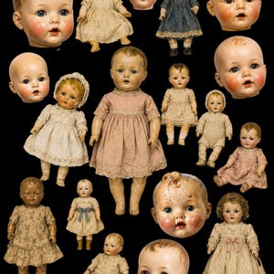 May include: A collection of antique dolls and detached doll heads featuring various facial expressions, painted features, and diverse clothing styles including lace-trimmed dresses, bonnets, and simple outfits, all displayed against a solid black background.
