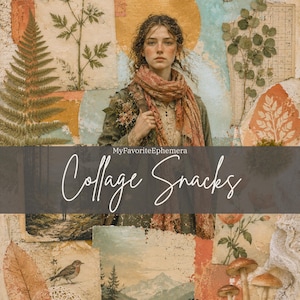 May include: A digital collage featuring a central portrait of a person wearing a scarf, surrounded by botanical illustrations, a butterfly, mushrooms, a bird, a mountain landscape, and a feather, with the text MyFavoriteEphemera Collage Snacks.